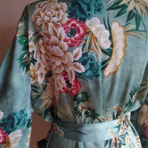 ZARA iconic green floral printed oriental silk belted kimono